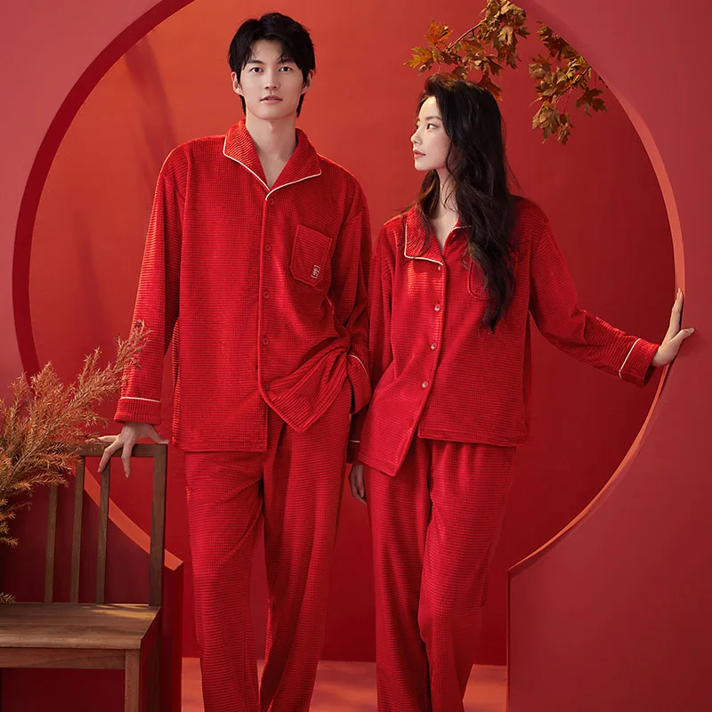 Couples Nightgowns Thick Island Velvet Men's Tops + Pants Red Color Pajamas Women Warm Coral Fleece Home Service Lovers Homewear