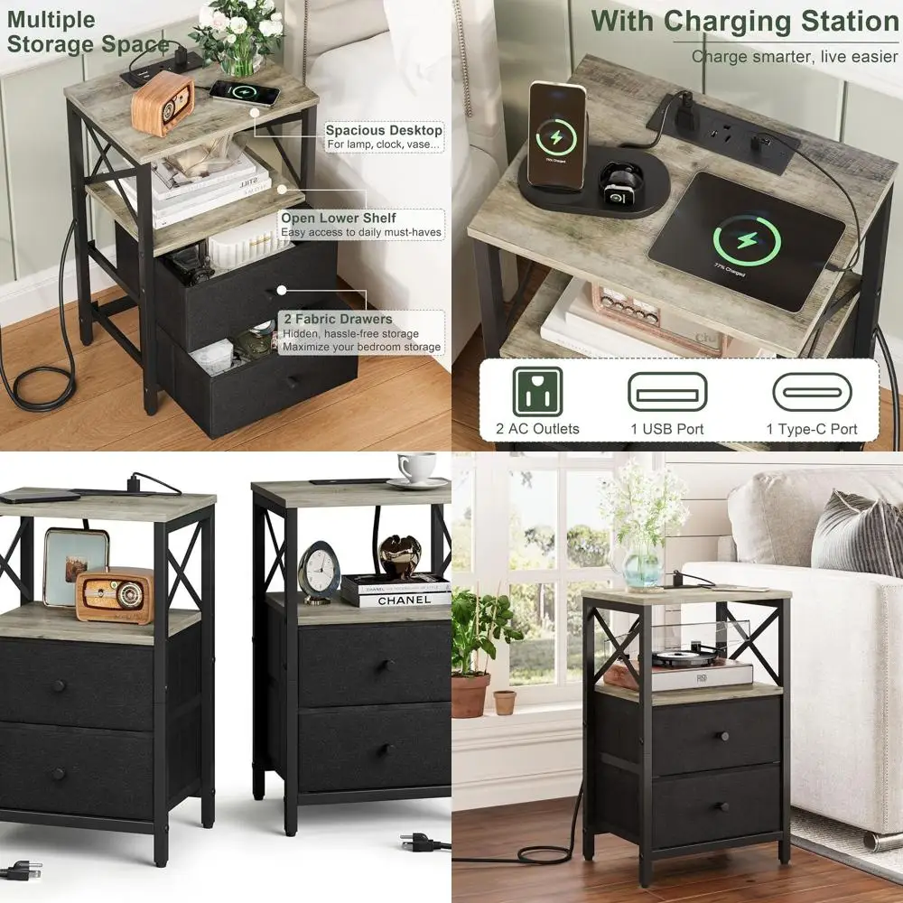 

Pair of Charging Nightstands with Storage, USB & Outlets, Fabric Drawers, Natural Greige Finish
