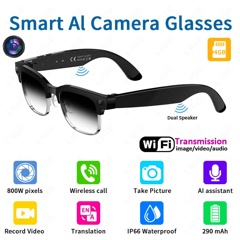 LIGE AI 800W HD Smart Camera Glasses 1080P Video Recording 290mAh Battery Voice Control Translate BT Calling Color-change Lenses