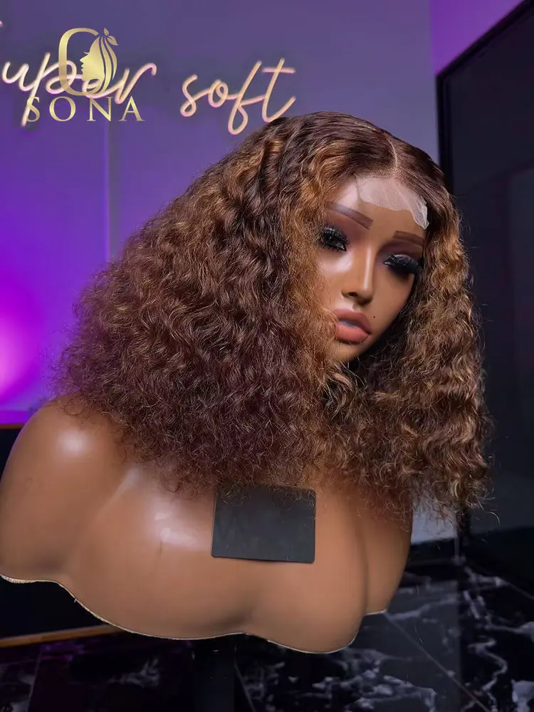 Ombre Brown 4/27 Short Bob Wig 200% Density Highlight Curly Deep Wave 4x4 2X6 Lace Closure Wig Human Hair For Women Pre Plucked