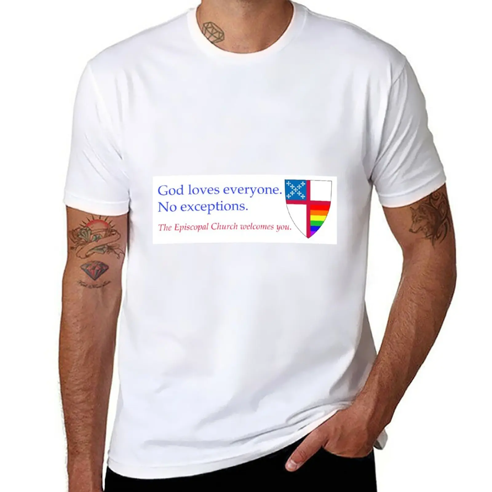 

New Copy of God Loves Everyone. No Exceptions. The Episcopal Church Welcomes You. Episcopal Shield Horizontal Pride Stri T-Shirt