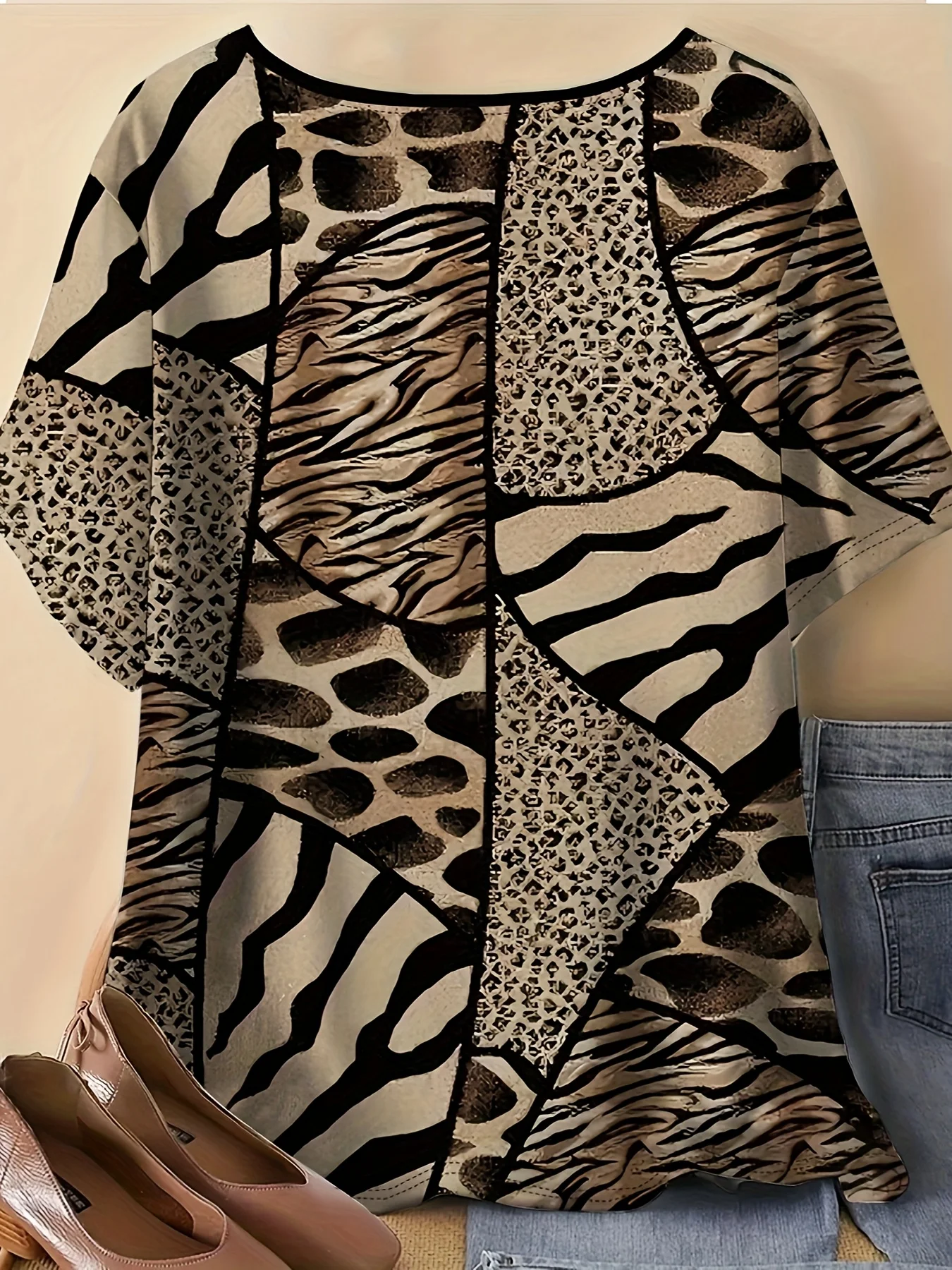 Women Crew Neck Short Sleeve T‑Shirt, Patchwork Leopard Zebra Tiger Animal Print Spliced Vintage Casual Summer Tee