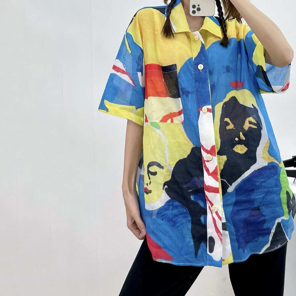 

Women's Abstract Printed Blouse,Short Sleeve Shirt,Versatile,Single-Breasted,Positioning,Tailoring Commuter,Summer Tops,Y2k,2024