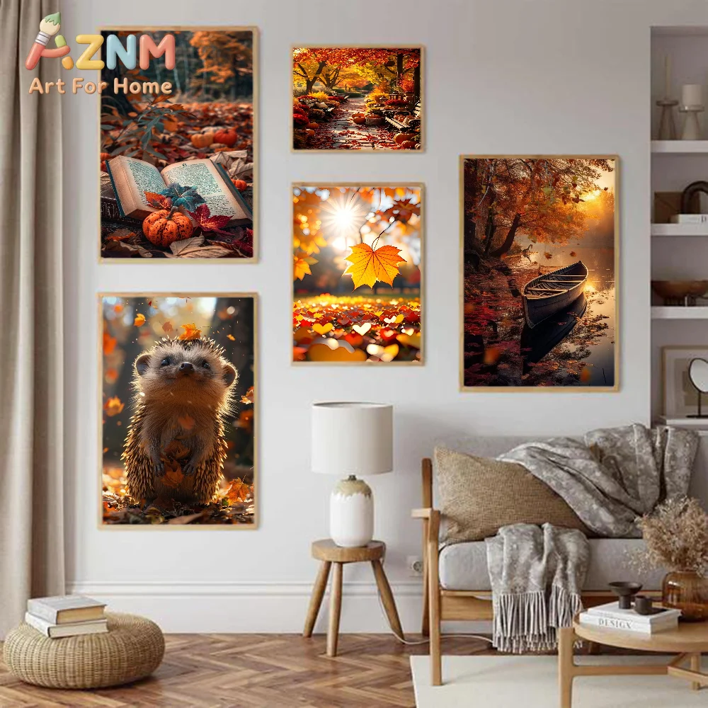 AZNM Autumn Forest Canvas Wall Art Hedgehog Maple Leaf Pumpkin Lake Boat Lantern Book Unframed Canvas Print Fall Nature Living R