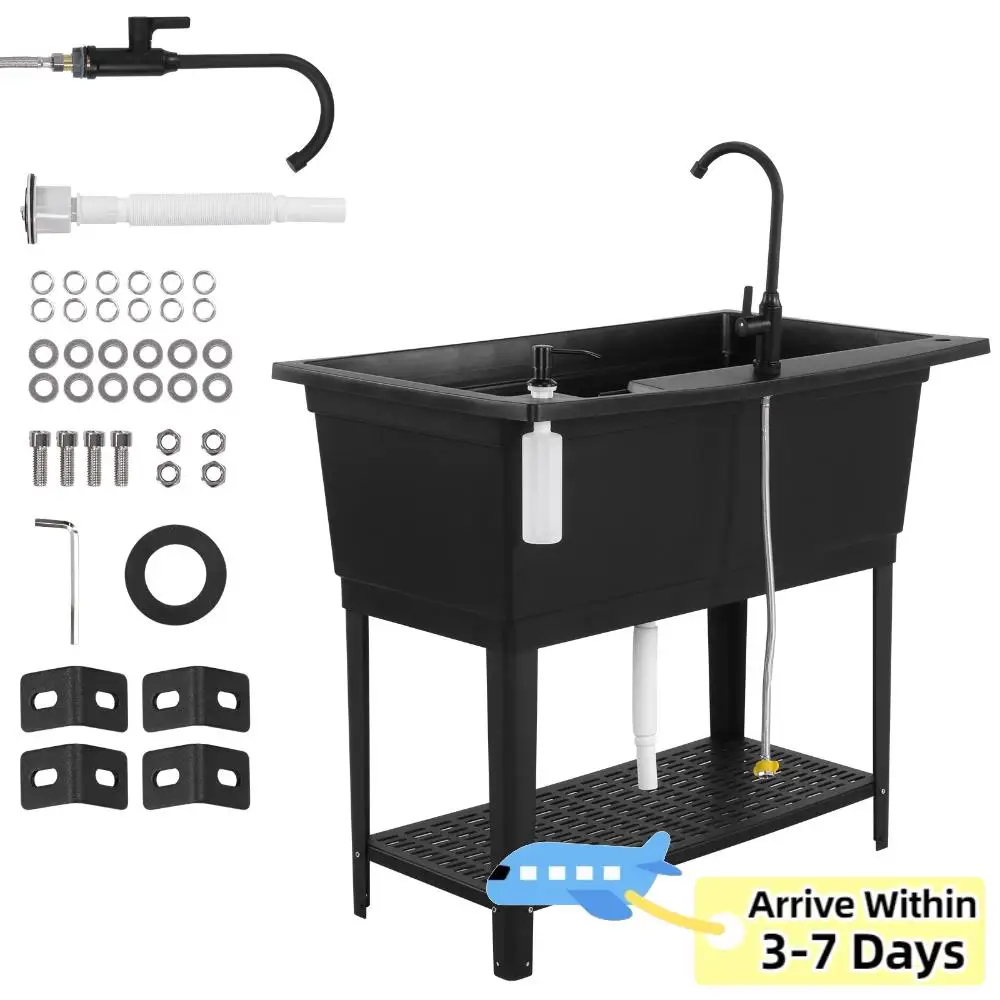 

Freestanding Plastic Laundry Sink with Stainless Steel Faucet Soap Dispenser Freestanding Sink for Garage Basement Garden