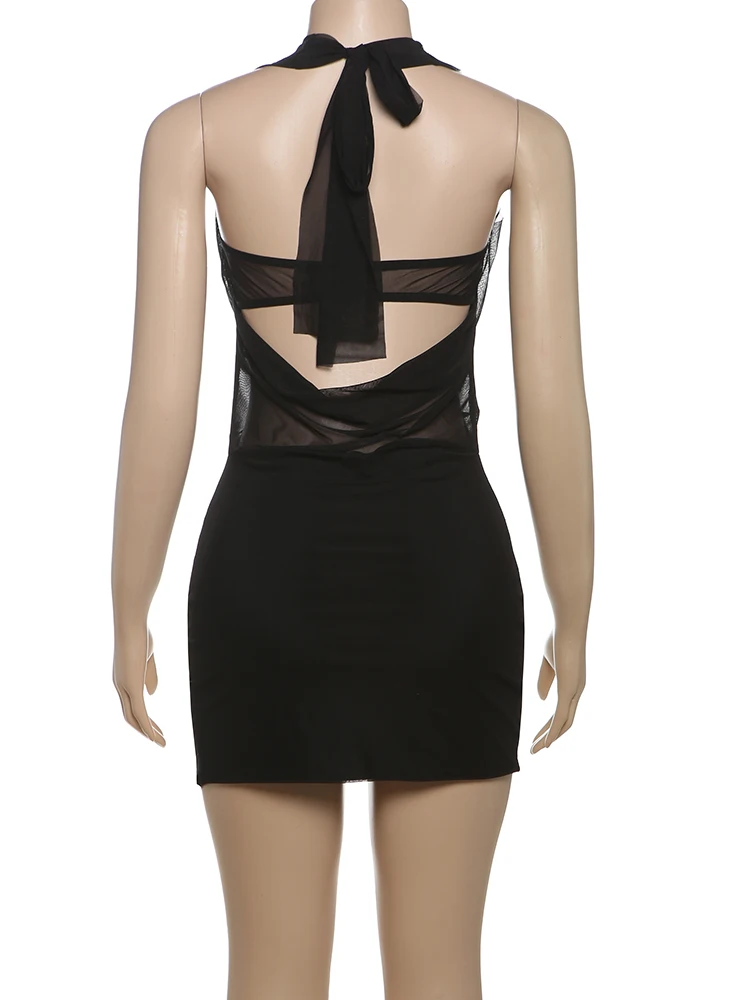 기묘한 Puss 메쉬 패치워크 원피스 여성용, 섹시하고 시크한 랩 가슴 버클 홀터, 할로우 백리스 민소매 스윙 칼라, 미니 바디콘