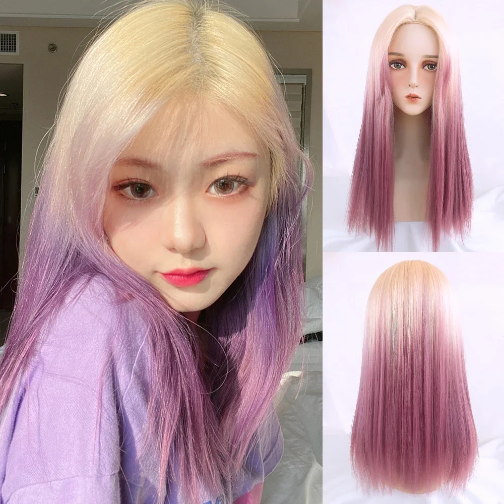 

Synthetic Ombre Gradient Blonde Purple Wig Long Straight Natural Fluffy Women Lolita Cosplay Wig for Daily Party