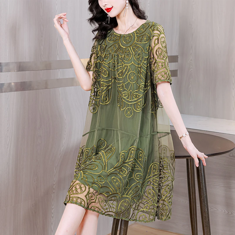 2023 Women's Dress Silk Embroidery Short Sleeve Summer New Long Dress Loose Size Over Knee Slim Medium Length Mesh Splice Robe