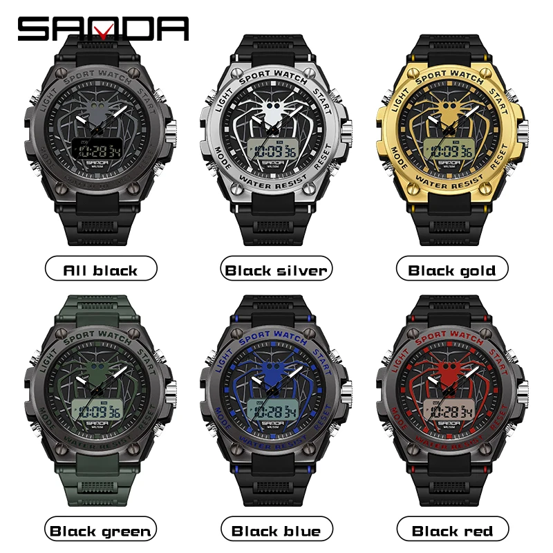 SANDA Military Men Sports Watch Waterproof Stopwatch LED Digital Watches Spider Sport Watches Men relogio masculino Quartz