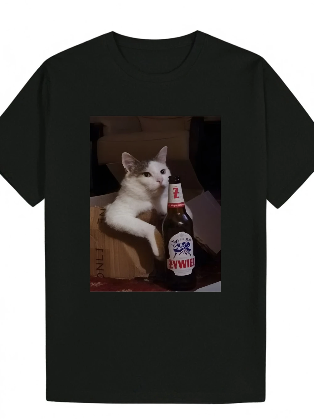 Lässiges Herren-T-Shirt aus Baumwolle mit Rundhalsausschnitt und bezauberndem Katzen- und Bierflaschen-Aufdruck, weiches, atmungsaktives Ganzjahres-Herren-T-Shirt