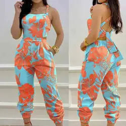 Summer Women Vintage Print Style Jumpsuits Sexy Overalls Square Neck Sleeveless Casual Rompers with Pockets for Girls Playsuit