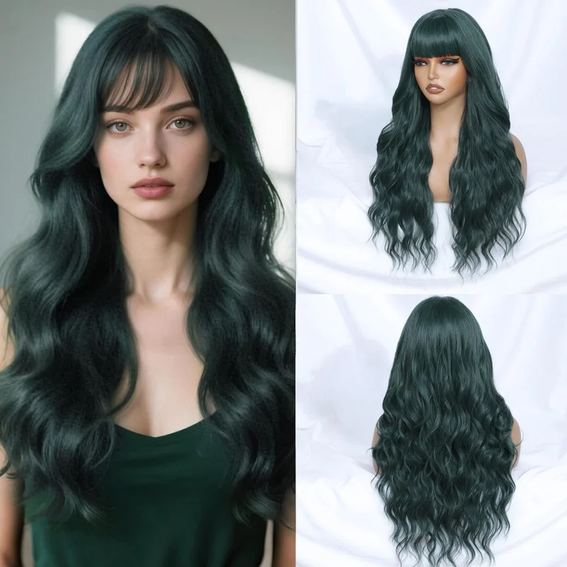 Dark Green Wig with Bangs for Women, Long Wavy Green Wig 26 Inch Wigs Heat Re...