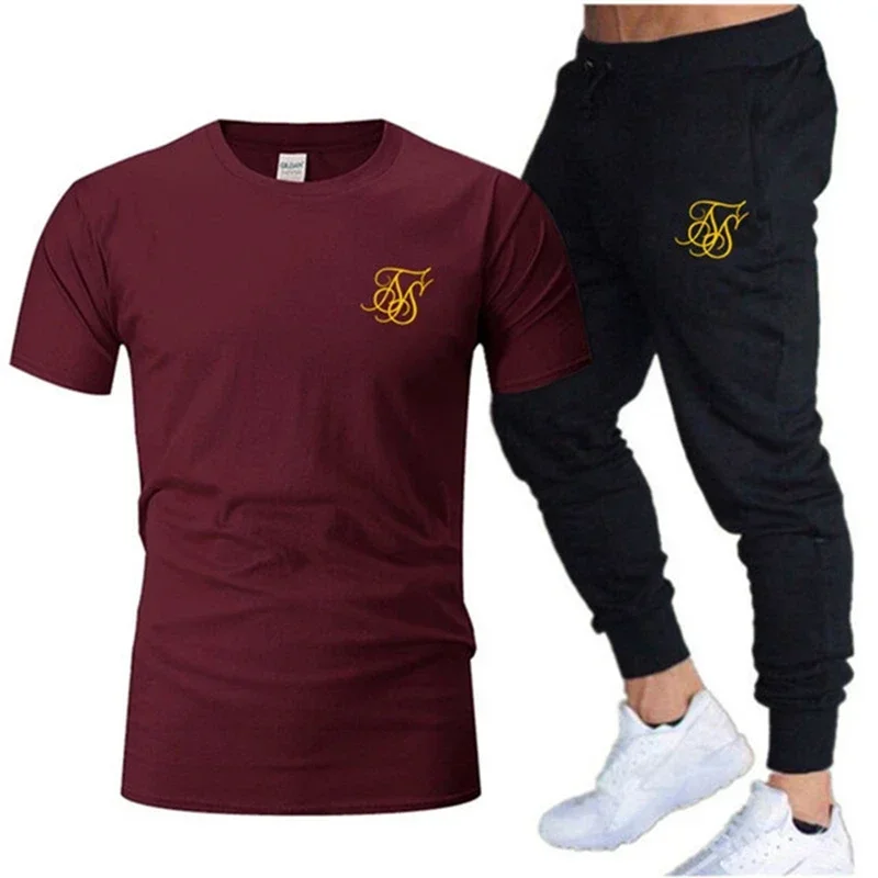 2024 New SikSilk Men\'s summer casual suit T-shirt + pants two casual sports suit men\'s sports fitness brand clothing sports suit