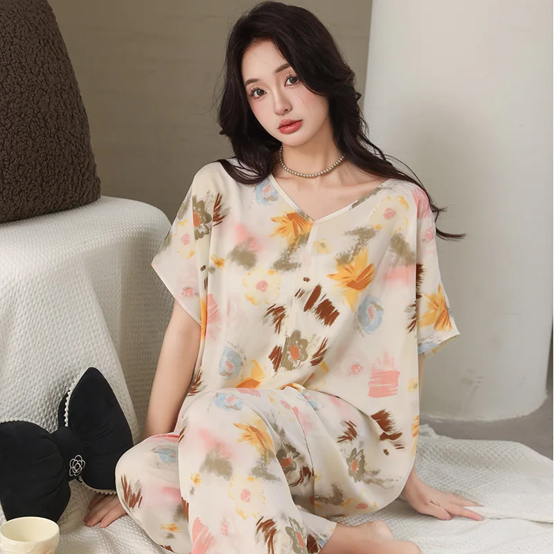 

China Style Home Wear Clothes New Short Sleeve Trouser Sets Cotton Spring Summer Pajamas Women Loose Sleepwear Sleeping Suit