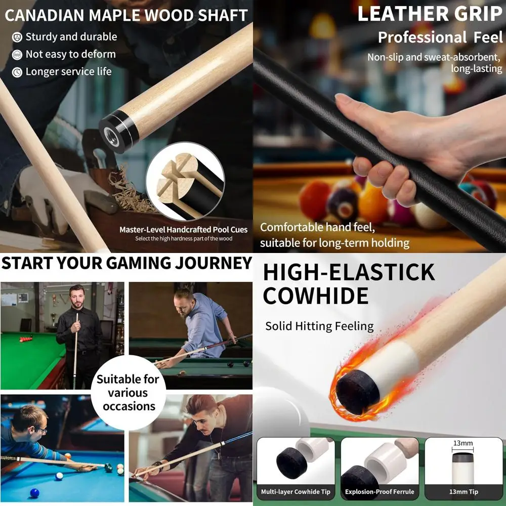 

Professional 18-21 oz Maple Pool Cues Set, 1-58 Lengths, Ideal for Adults & Home Bars