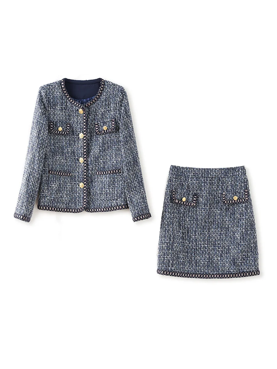 ZJYT Runway Designer Winter Outfits 2 Piece Women Vintage Tweed Woolen Jacket and Skirt Set Suit Elegant Party Dress Sets Blue