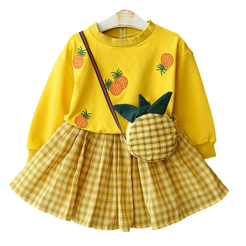 

3Piece Fall Baby Girls Clothes Korean Cartoon Cute Cotton T-shirt+Skirt+Bag Kids Boutique Outfits For Children Clothing Set 1976