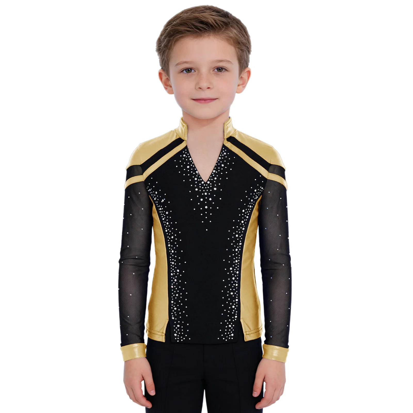 

Kids Boys Figure Skating Dance Costume V-Neck Long Sleeve Shiny Rhinestones Metallic Color Block Pullover Top for Competition