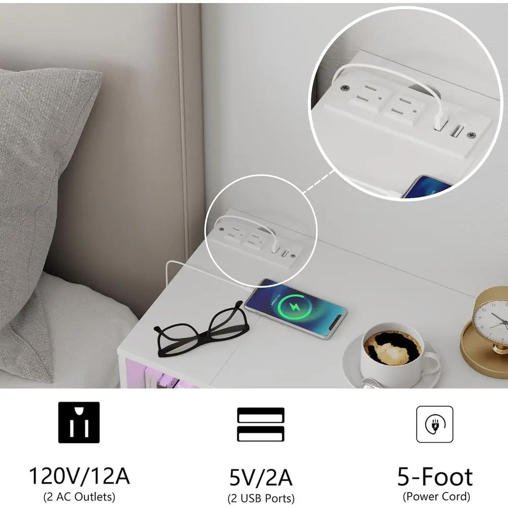 Mesa de cabeceira branca moderna com carregamento embutido e iluminação LED