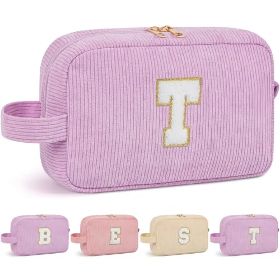 Bolsa de Maquillaje con Iniciales, Regalo de Cumpleaños, Bolsa de Cosméticos con Parche de Chenilla, Bolsa de Viaje para Artículos Esenciales, Bolsa de Aseo para la Playa, Regalo Ideal