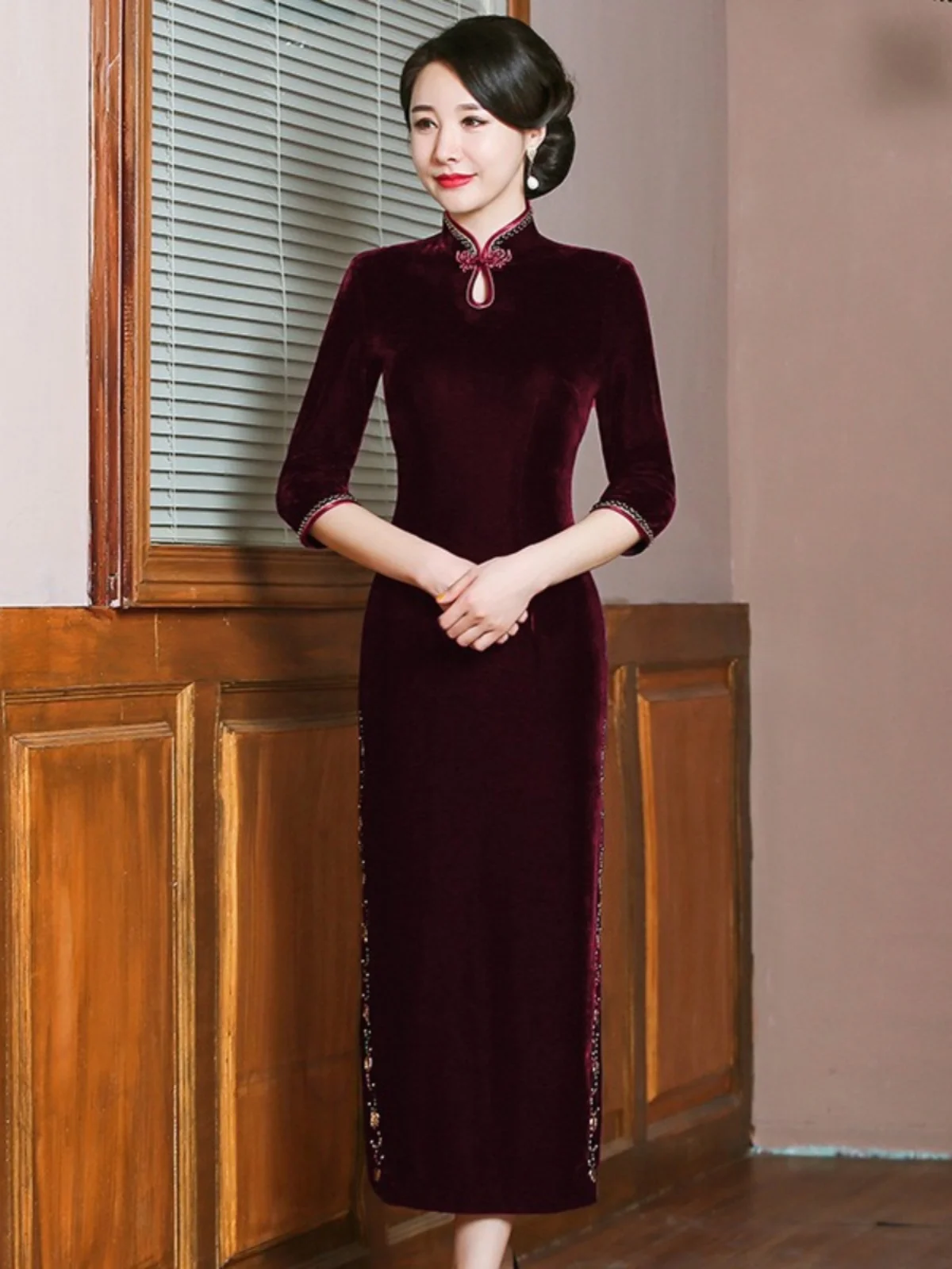 

Элегантное бархатное платье для свадебной церемонии/повседневной носки, осеннее, с высоким разрезом, длинное, для женщин старше 35 лет