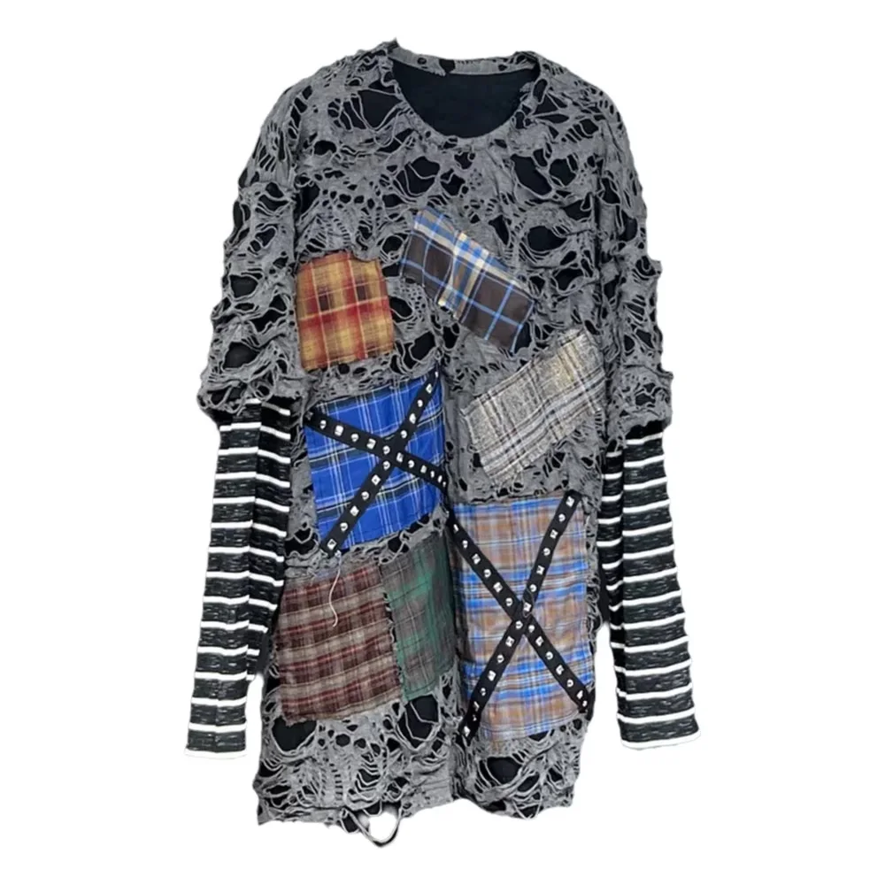 2026 Japanese version of Kill Mateya culture splicing Striped fake two pieces casual hole men's long sleeved T-shirt top