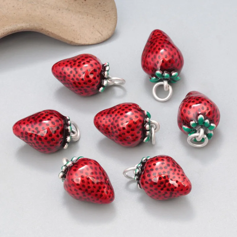 Vintage Enamel Red Strawberry Pendant for Jewelry Making Ethnic 3D 925 Sterling Silver DIY Material can Make Bracelet Necklace