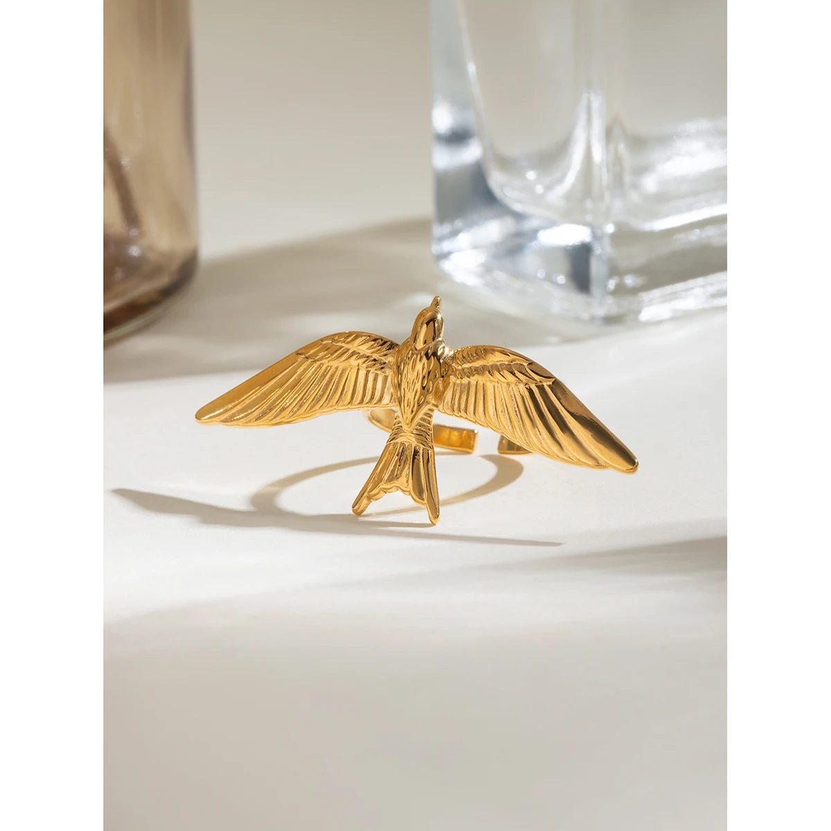 Stainless Steel 18k Gold Plated Vintage Stereoscopic Bird Shaped Opening Ring for Women Waterproof Fashion Charm Jewelry Party