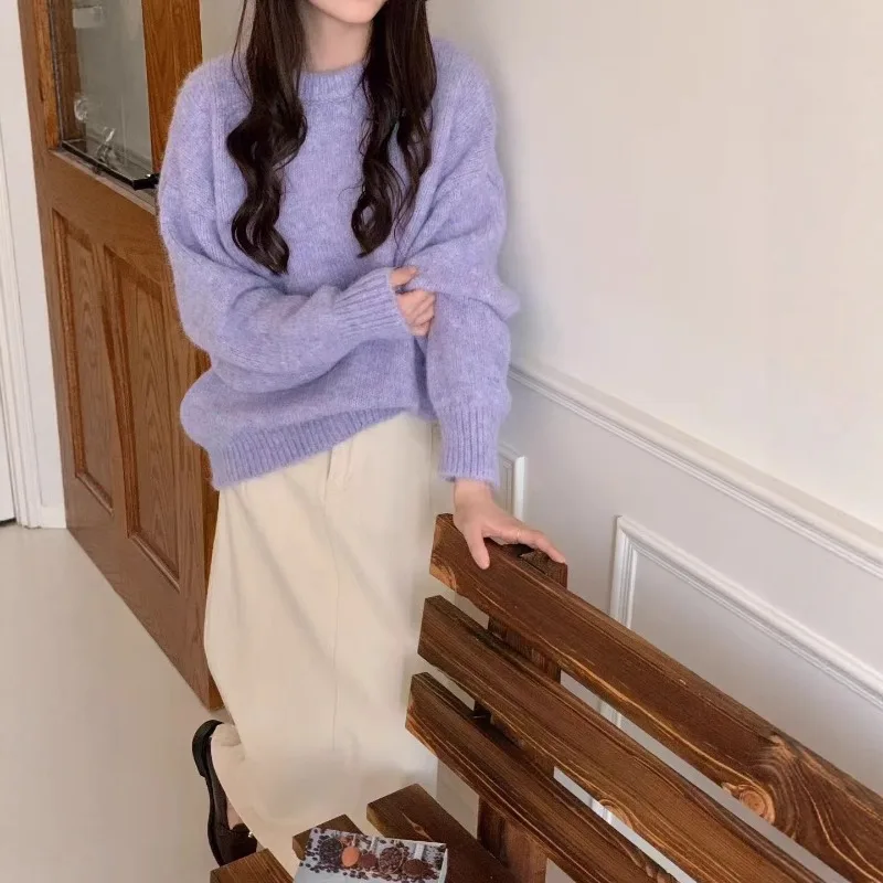 2025 Winter Fashion New Women's Warm Sweater Korean Version Fresh and Sweet Round Neck Long Sleeved Wool Pullover Sweater
