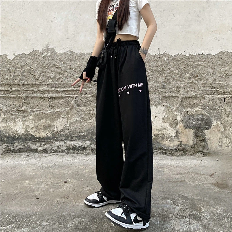 Korean Fashion Letter Print Sports Pants for Women Casual All-match Trendy Long Trousers 2024 New Drawstring Design Women's Pant