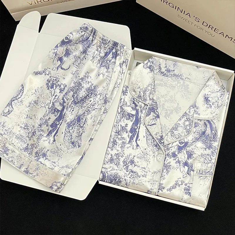 Women\'s Pajamas Sets Summer 2 Piece Ink Painting Print Pyjama Faux Silk Satin Sleepwear Short Sleeve Pijama Mujer Pjs Homewear