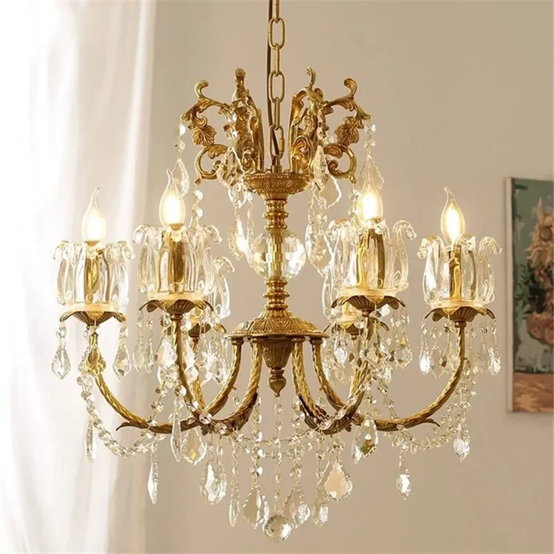 

French Luxury Brass Chandelier LED American Crystal Living Room Restaurant Bedroom Study Villa Hotel Aisle Pendant Lamp