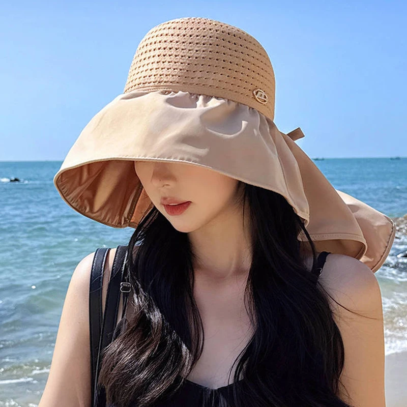 Summer Hat Women\'s Hollow Gold Label Neck Protection Sun Hat Seaside Large Brim Shawl Hat Covering Face Protection Sun Hat Thin