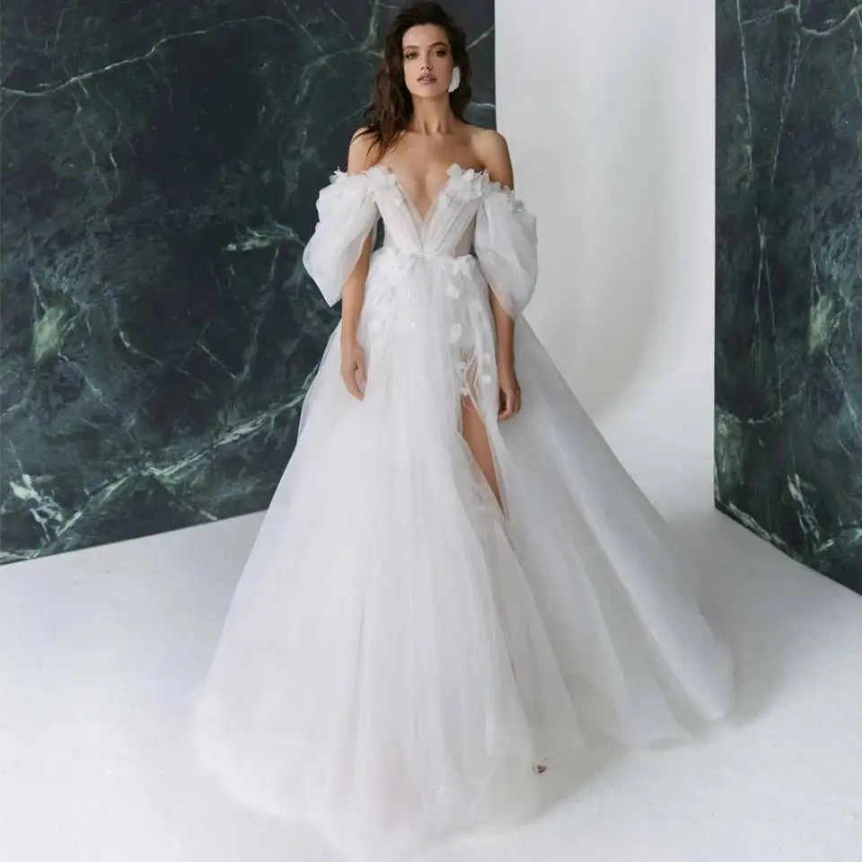 Off The Shoulder Puffy Tulle Wedding Dress Princess Drop Sleeves High Thigh Split Lace 3D Flowers Vestido De Noiva Bridal Gowns