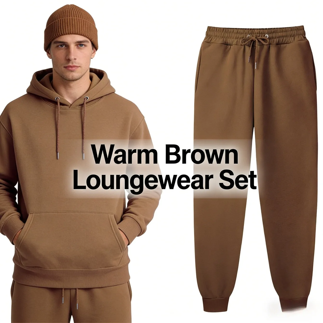 

Men's Fleece Hooded Sweatshirt Set Solid Color Pullover Design Warm Comfortable Sports Casual Two Piece Set