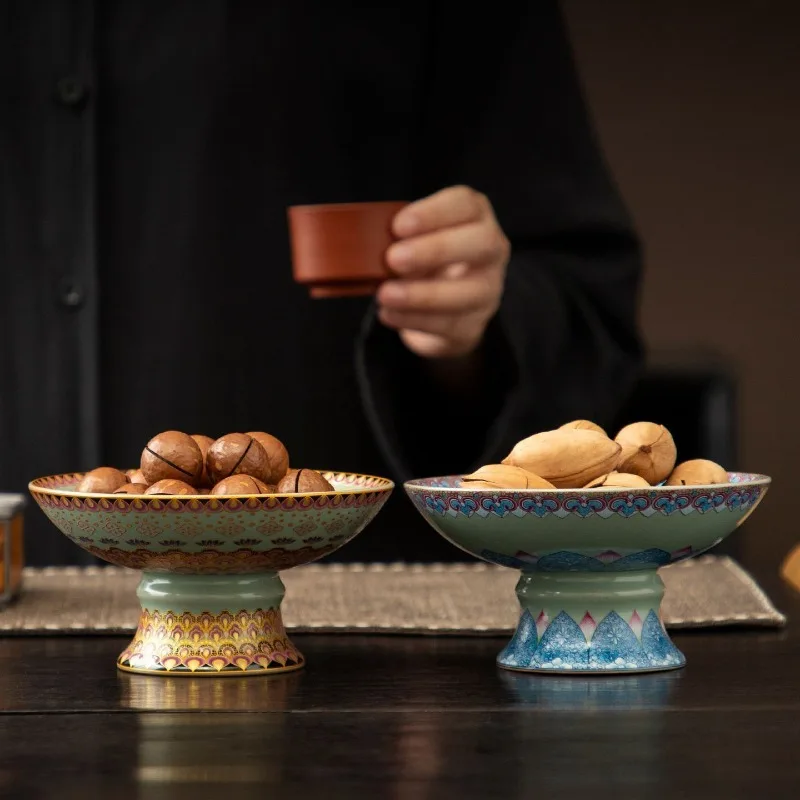 Lotus Ceramic High Foot Offering Plate Dessert Tray Snack Dish for Home Tea Table Fruit Serving Decor