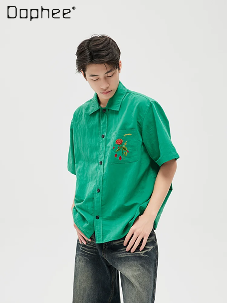 Summer Korean Style Men Hand Drawn Embroidery Rose Textured Beige Lapel Short Sleeve Shirt Green Loose Casual Streetwear Blouse
