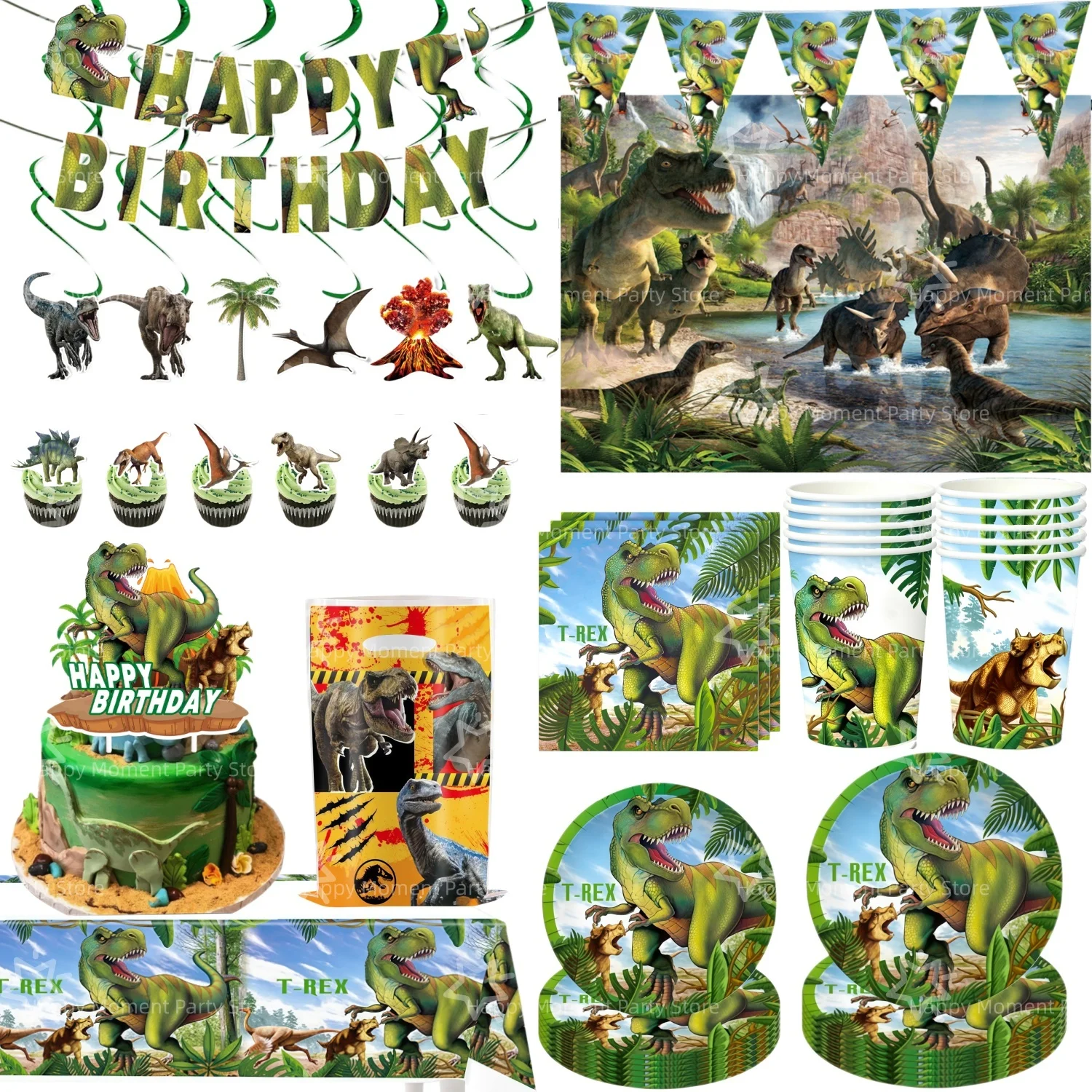 Dinosaur Party 4 Decoration Jurassic Dinosaurs Tableware Tablecloth Plate Cup Napkin Banner Bag Dino Them Party Favors Supplies