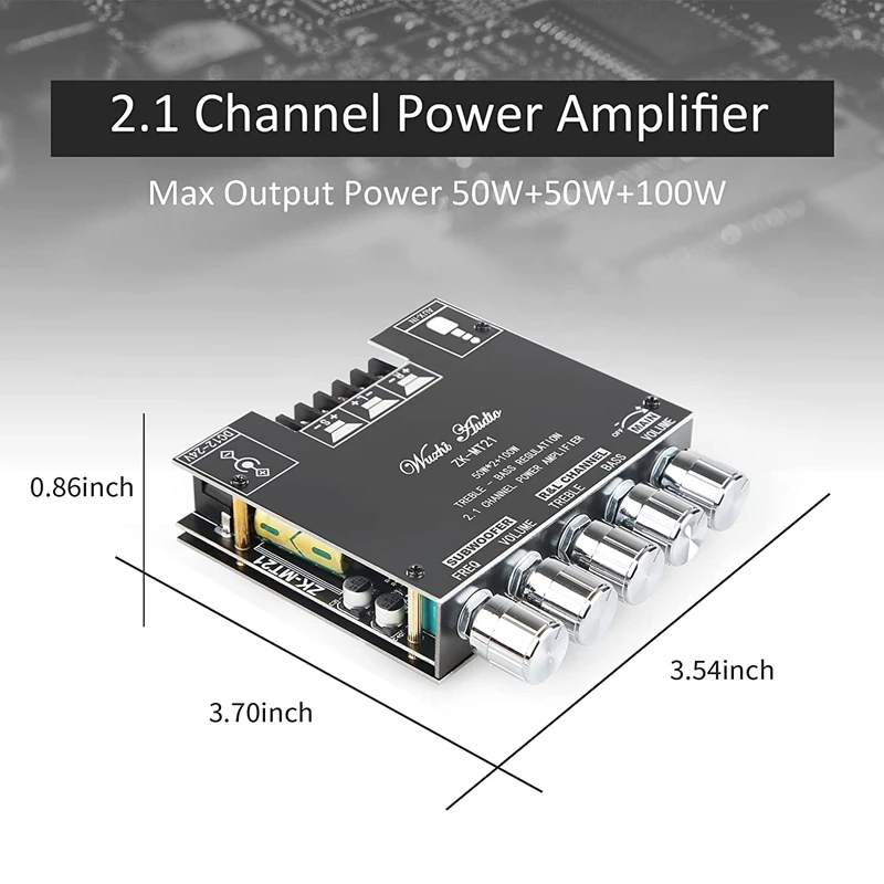 Bluetooth Power Amplifier Board With Subwoofer 2.1 Channel 50Wx2+100W, 12V-24V Audio Power Amplifier Module