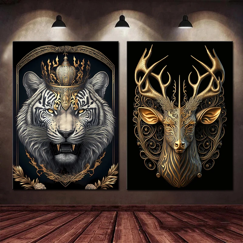 

Metal Sculpture Canvas Painting Tiger Lion Deer Animal Art Posters and Prints Wall Art Pictures for Living Room Home Decoration