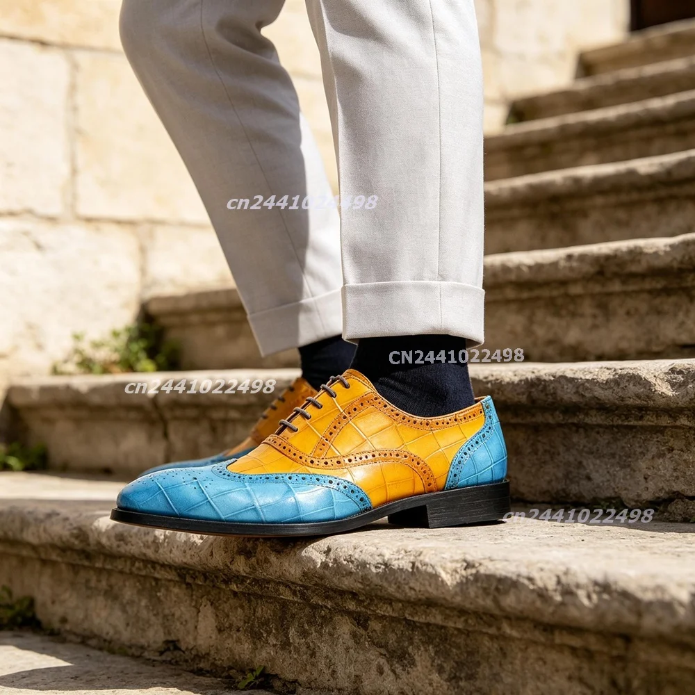 Men's Color Block Crocodile Print Brogue Shoes Lace Up Pointed Toe Formal Dress Mixed Color Oxfords Business Wedding Footwear