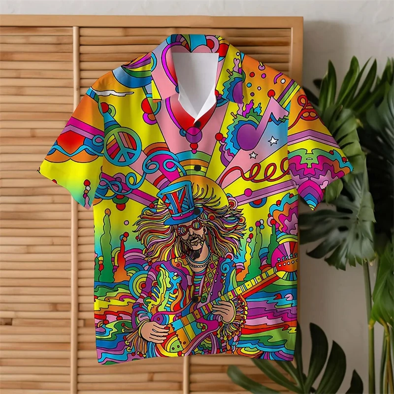 Colorful Guitar Hippie Men's Shirts Summer Fashion Streetwear Men Women T-shirt Ropa Hombre Daily Casual Short Sleeve Lapel Tops