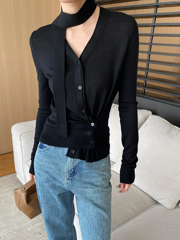 [LANMREM] Knitting Cardigan Sweater For Women V Neck Single Breasted Long Sleeve Office Lady Tops Fashion 2024 Autumn New 26C181