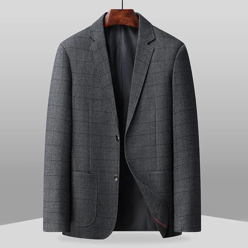 

KIDWHXR Blazer Man British Style Plaid Turn Down Collar Male Pocket Outerwear Single-breasted Business Casual Men Suit Coat