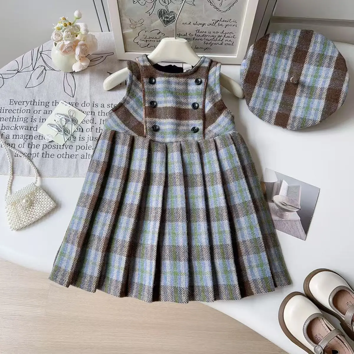 

2026 New Autumn And Winter Girls' Pleated Dress Stylish Wool Tartan Lined Thickened Korean-Style Ladylike Vest Dress 90-140cm