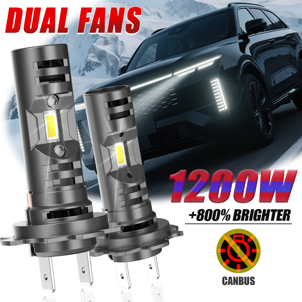

H7 светодиодный налобный фонарь высокой мощности 1200 Вт CANBUS Turbo с двойным вентилятором, автоматические фары 1:1, без ошибок, светодиодные автомобильные фары без потерь, Plug & Play 12 В