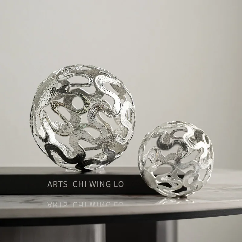 Hollow Metal Ball Wave-shaped Silver Ball Sphere Silver Circle Metal Handicrafts Figurine Home Decoration Accessories