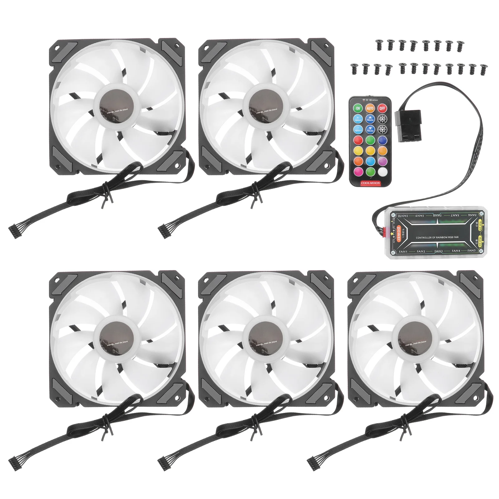 

1Set 5Pcs 12cm RGB LED Computer Cooling Fan with 1set Standard Controller Colorful LED PC Cooling Fan (Style 2)