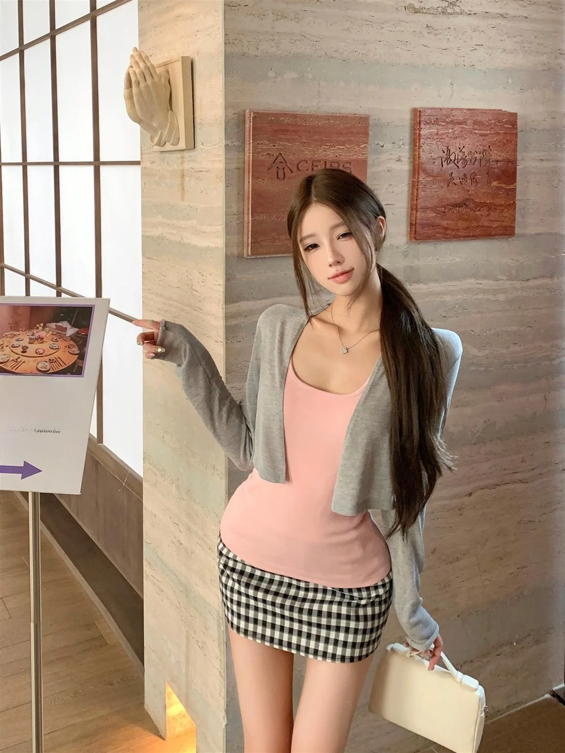 

Gray Long Sleeve Knitted Open Cardigan Strap Vest Women's Autumn Set Skirt Plaid Skirt Three Piece Set Casual Loose Style