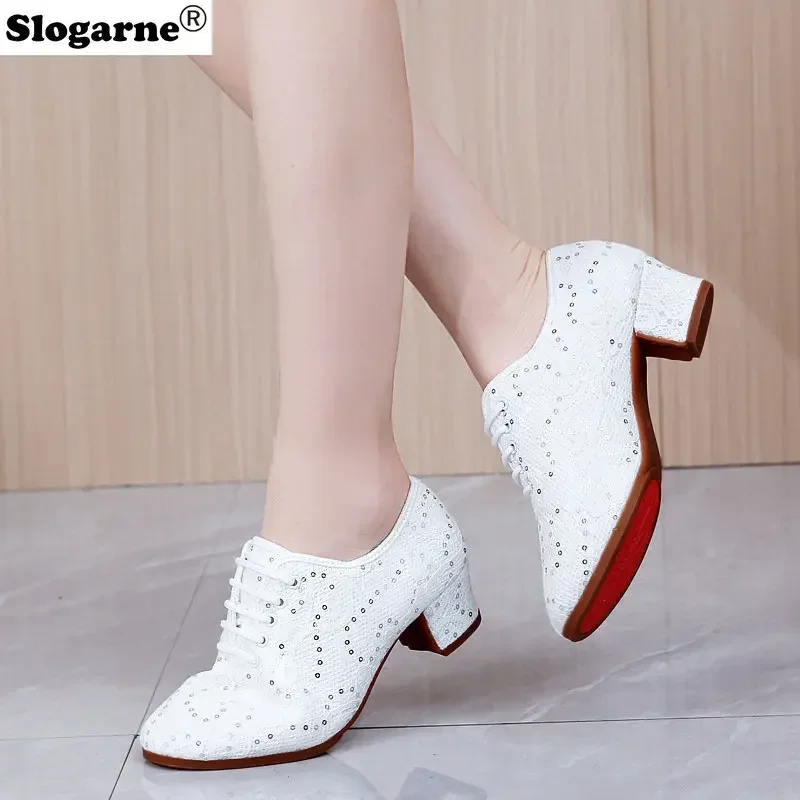 Modern Jazz Shoes Women Soft Sole Outdoor Dance Shoes Lace 3.5CM Heels GYM Yoga Mesh Trainning Fitness Shoes Girl Dance Sneakers